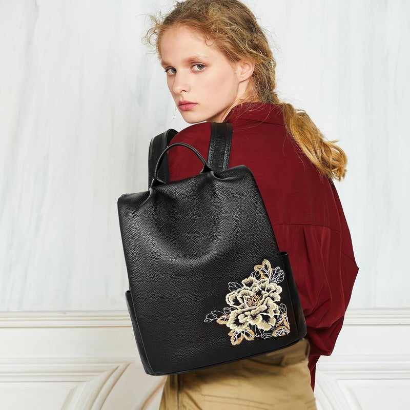 BOYATU Genuine Leather Backpack for Women: Elegant Floral Designer Purse - Small Shoulder Bag for Travel (Black) - Image 2